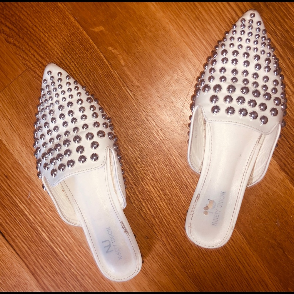 White leather mules with sliver studs.Comfortable